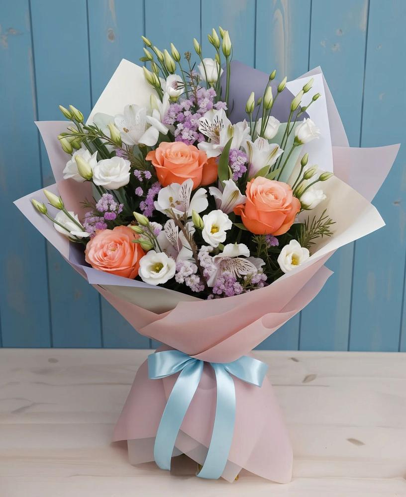 Букет цветов из: Лизиантусы, Розы, Альстромерии и Гипсофила в Новозаведенном