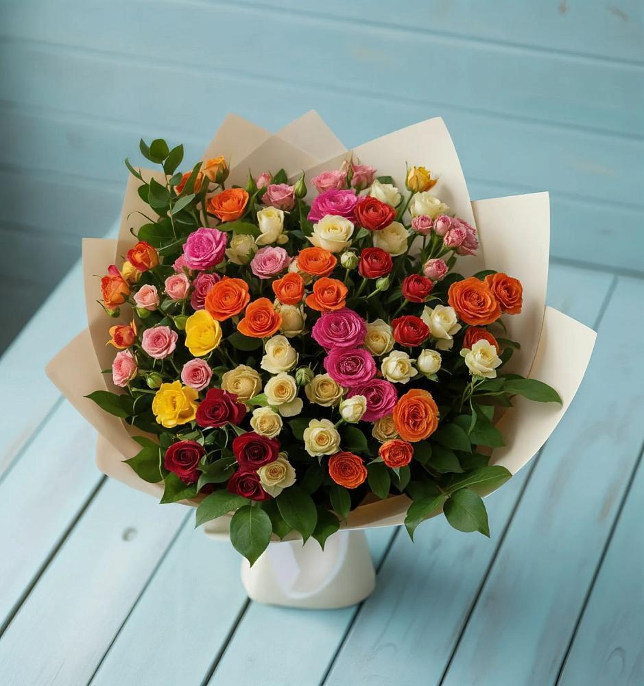 Букет Микс из разноцветных кустовых роз в Новозаведенном