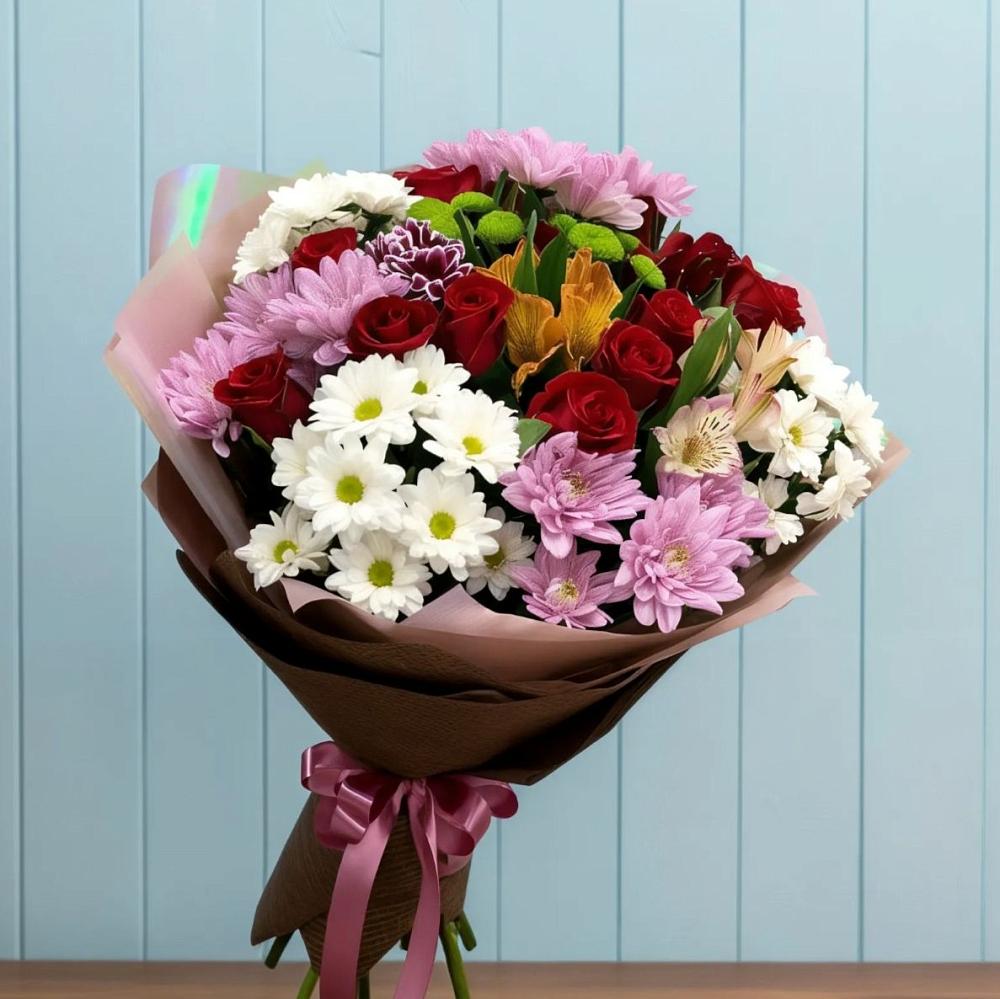 Букет цветов из: Розы, Хризантемы и Альстромерии в Новозаведенном